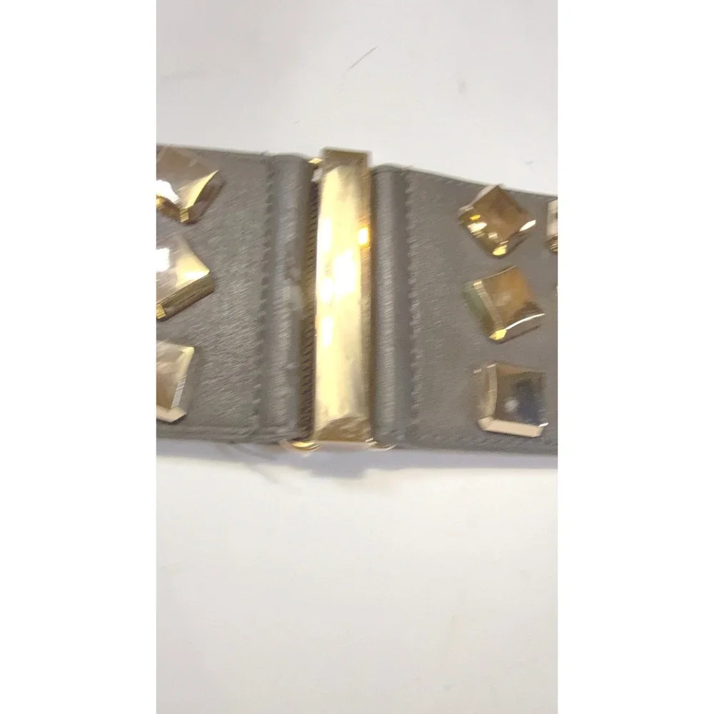 Brown Elastic Cinch Waist Belt Gold Square Pyramid Studs Wide Faux Leather 27in